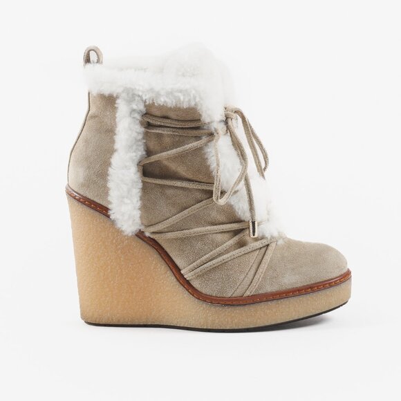 Moncler Osja Tan Shearling Lace-Up Zipper Wedge Boots - Picture 1 of 11